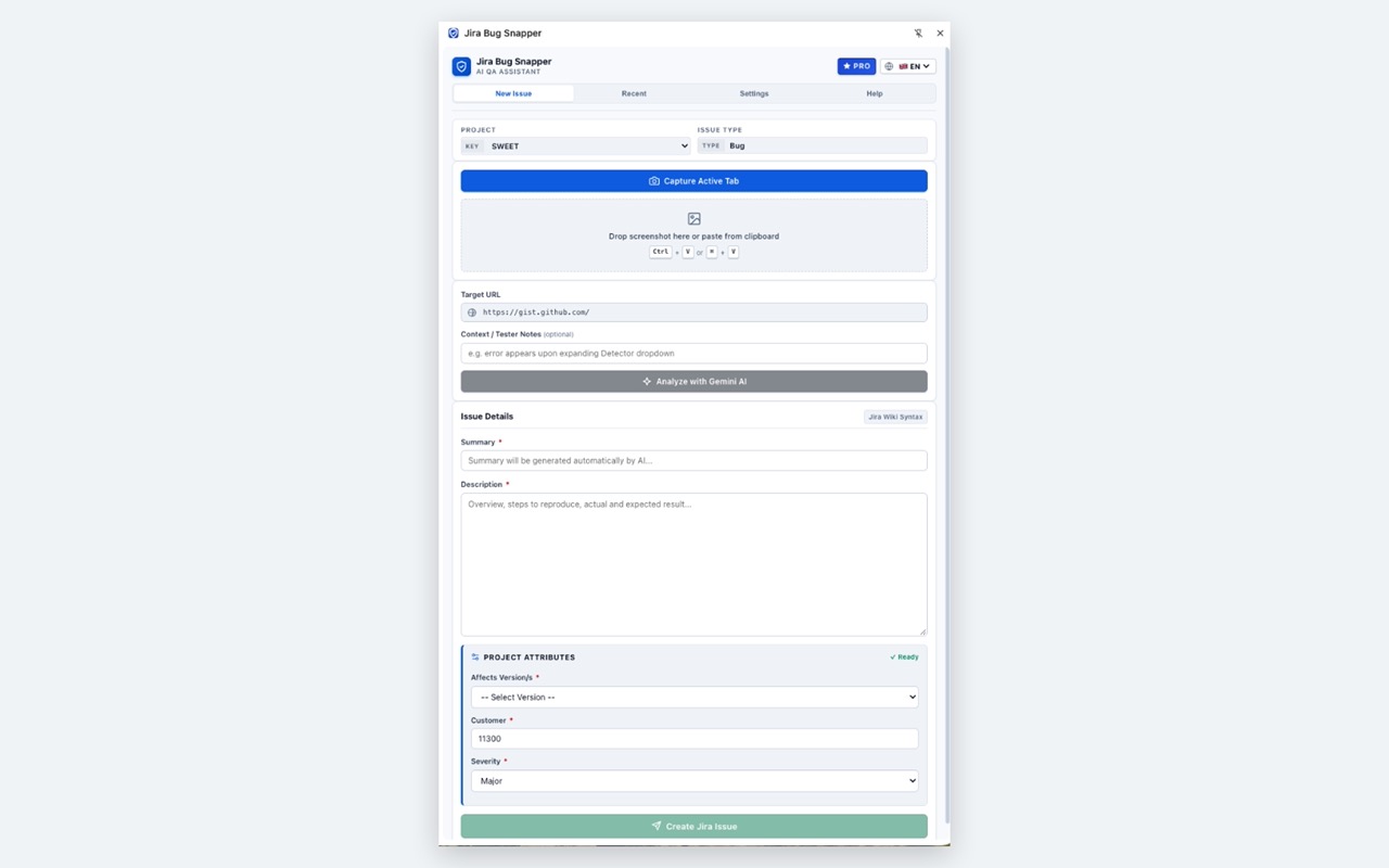 New Issue tab in BugAgent AI