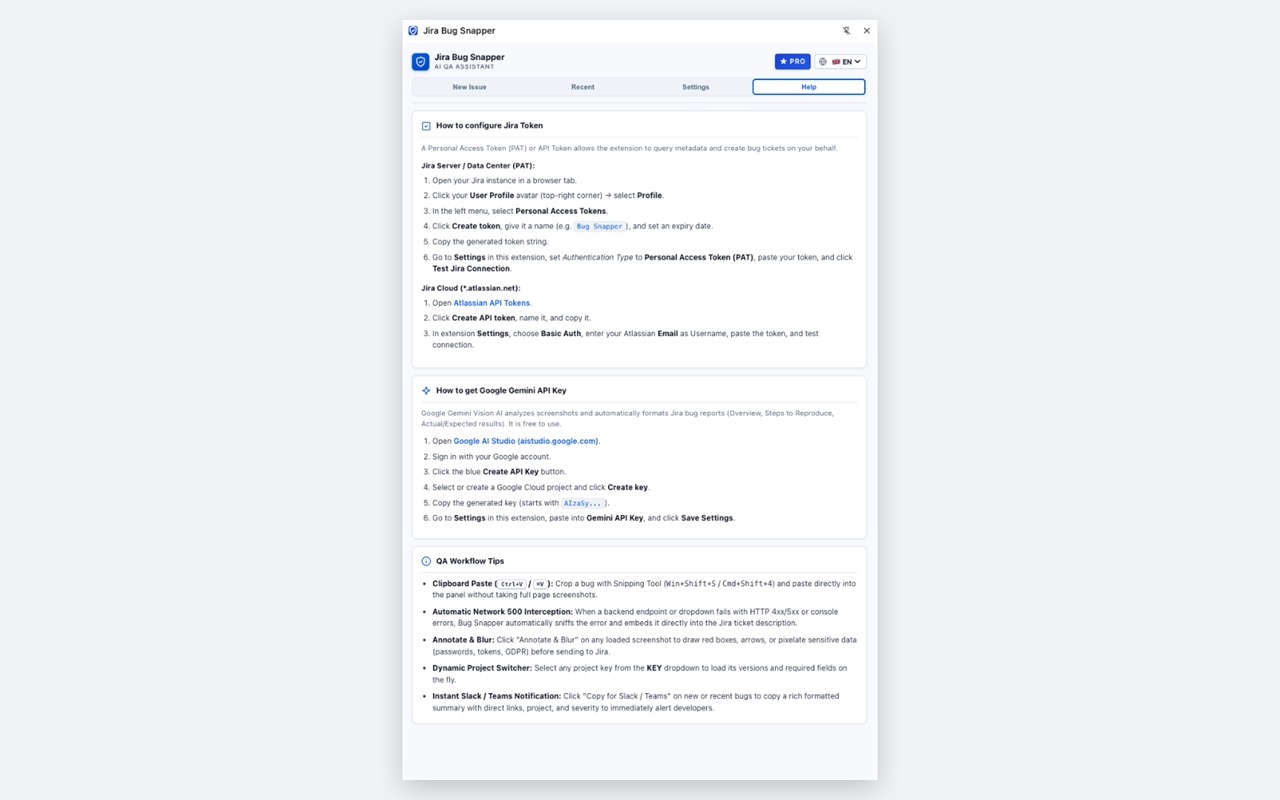 Help and QA Workflow Tips tab